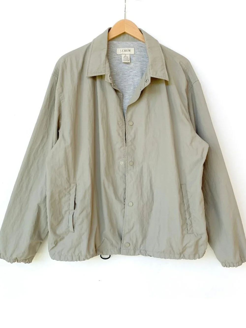 J.Crew Nylon Snap Front Coaches Jacket Jersey Lined Tan Khaki Large